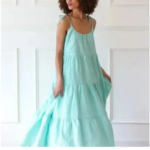 Mille resort & Travel Maui Tiered Linen Maxi Dress Green Striped small NWT - Picture 2 of 11